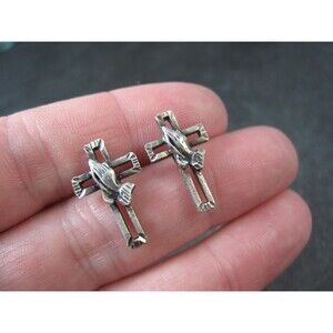 Vintage Praying Hands Cross Earrings Diamond Cut Sterling Silver